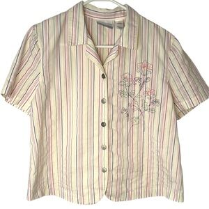 Alfred Dunner Striped Cropped Embroidered Floral Button Shortsleeved Top